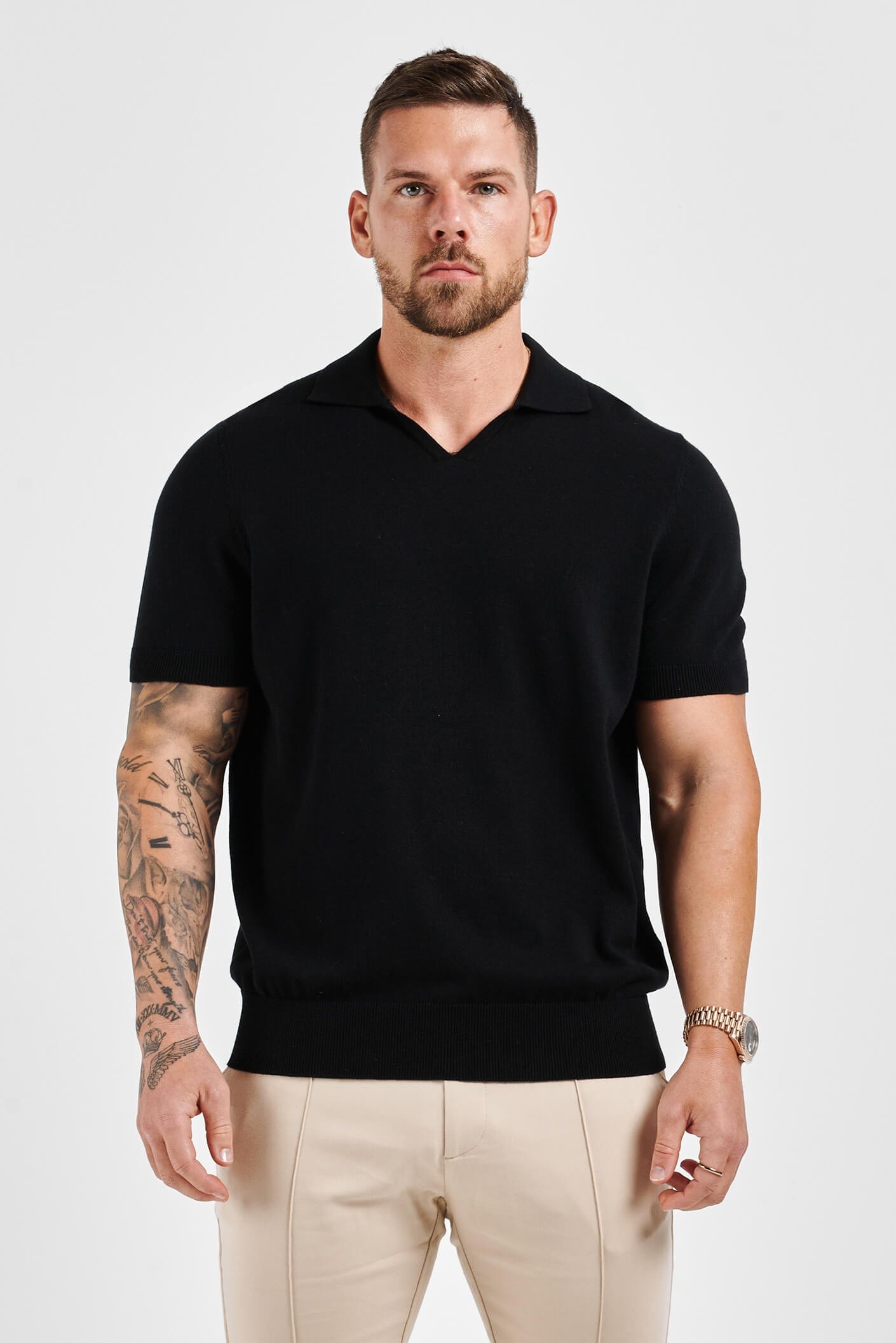 LEGEND OPEN COLLAR POLO SHIRT BLACK Legend London