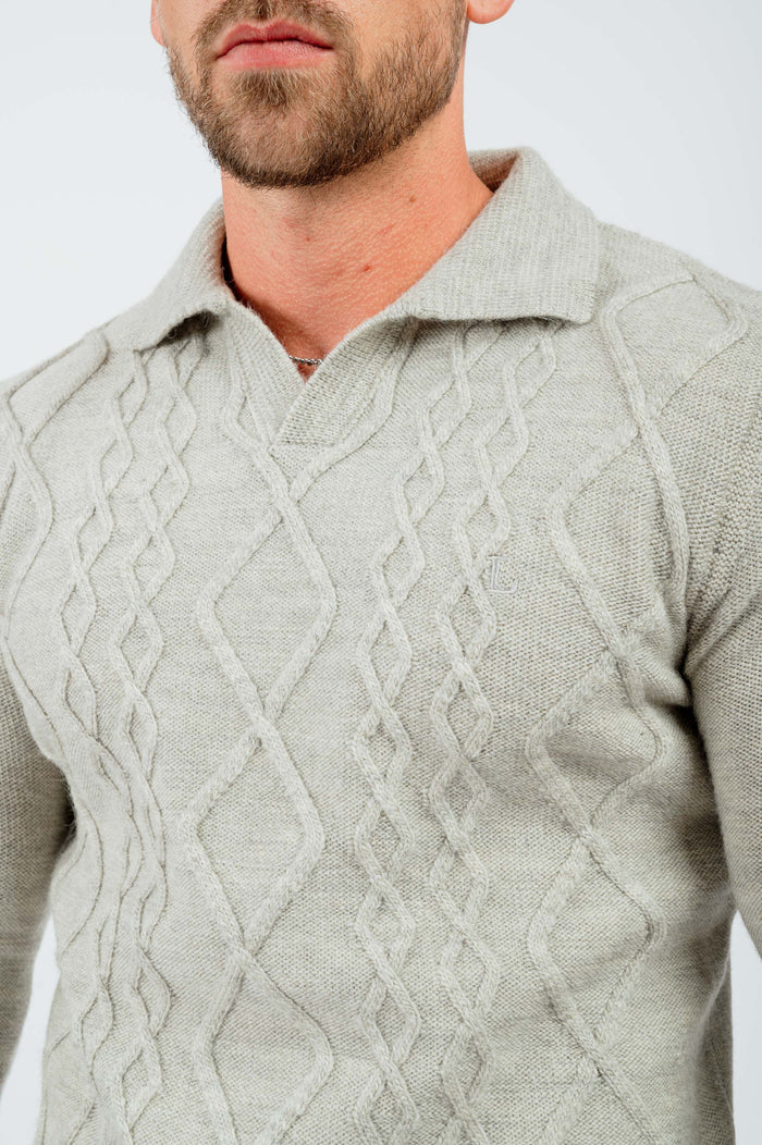 CABLE KNIT POLO SHIRT - LIGHT GREY