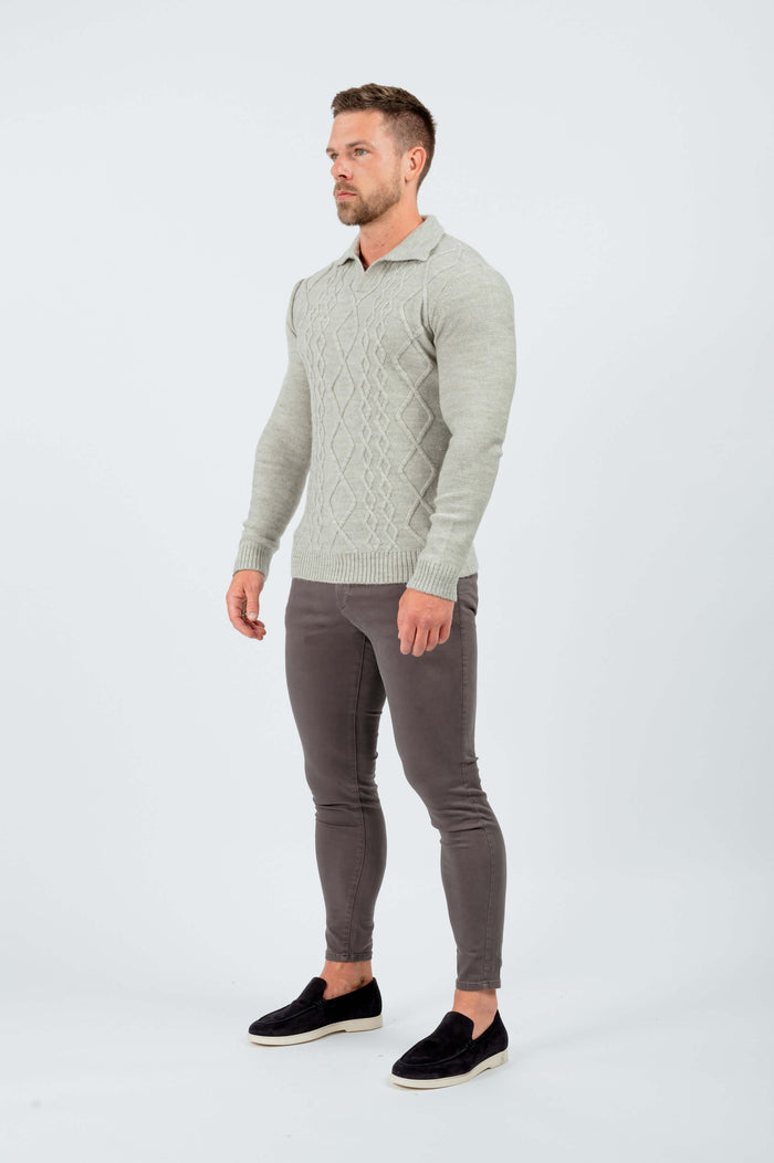 CABLE KNIT POLO SHIRT - LIGHT GREY