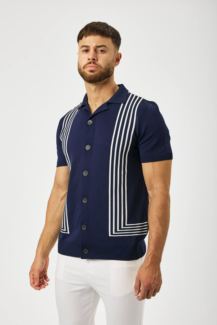 REVERE COLLAR STRIPED KNIT POLO - NAVY