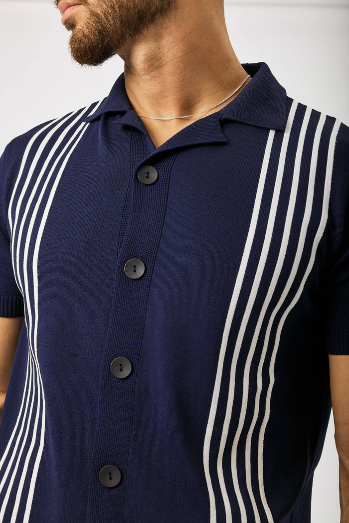 REVERE COLLAR STRIPED KNIT POLO - NAVY