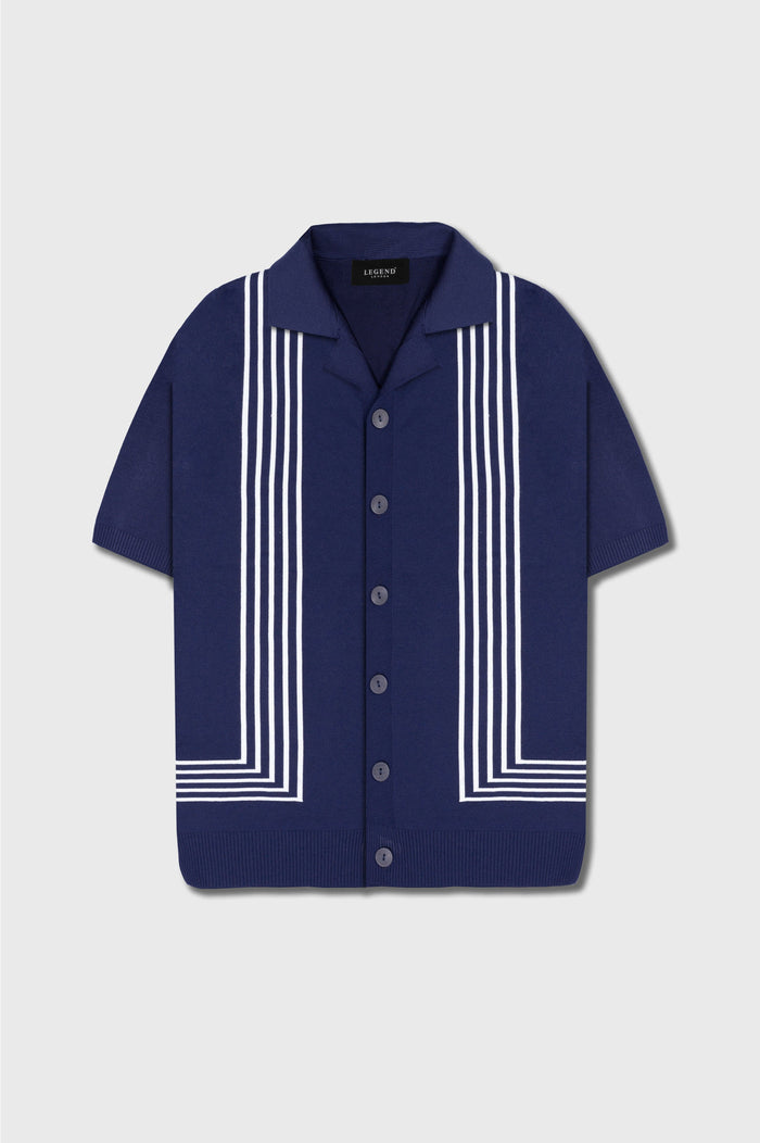 REVERE COLLAR STRIPED KNIT POLO - NAVY