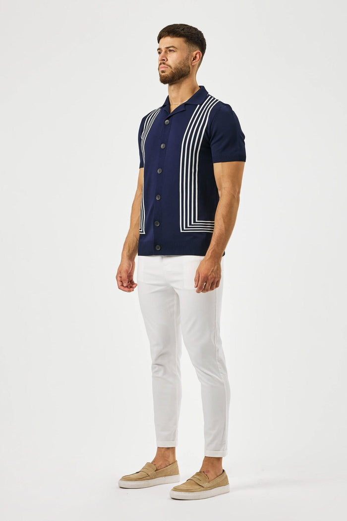 REVERE COLLAR STRIPED KNIT POLO - NAVY