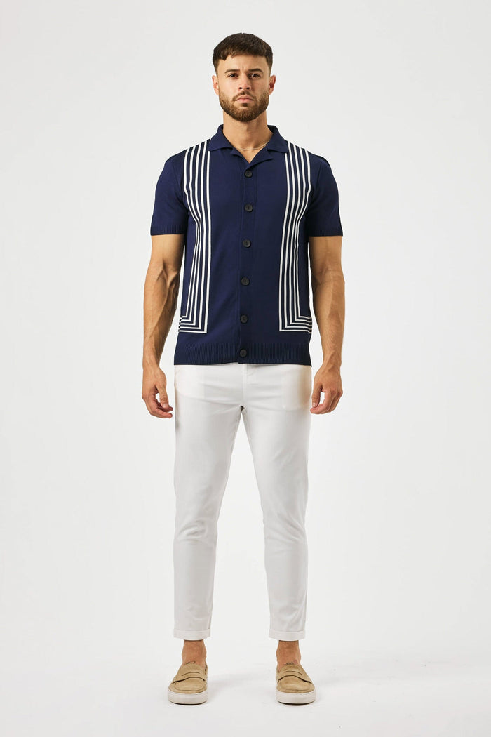 REVERE COLLAR STRIPED KNIT POLO - NAVY