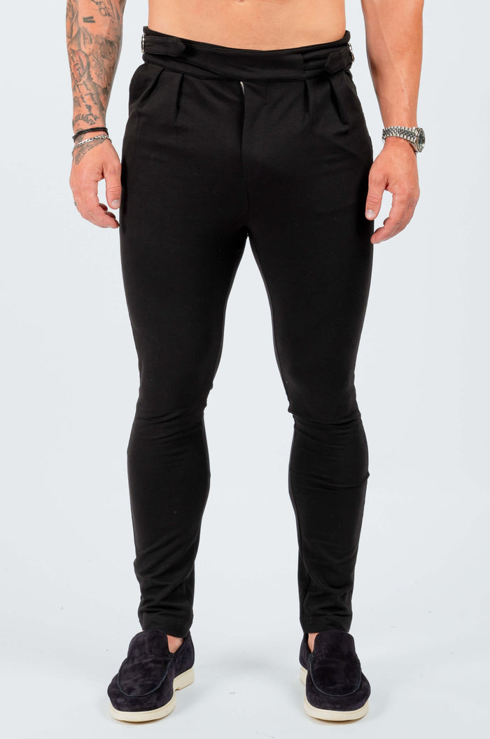 SLIM FIT BROEK MET HOGE TAILLE MET ZIJCINCH - ZWART