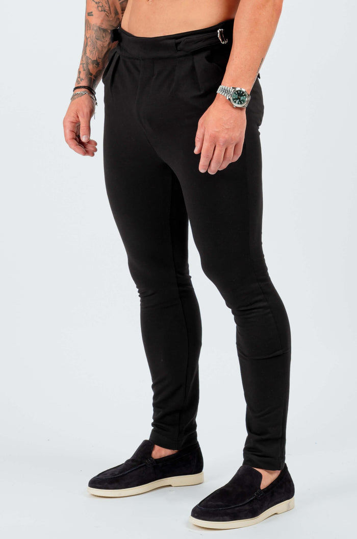 SLIM FIT BROEK MET HOGE TAILLE MET ZIJCINCH - ZWART