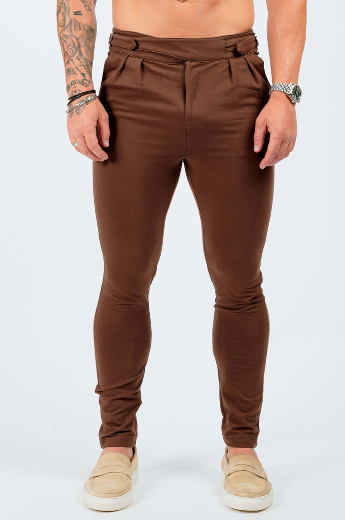 SLIM FIT HIGH WAISTED TROUSER W/SIDE CINCH - BROWN