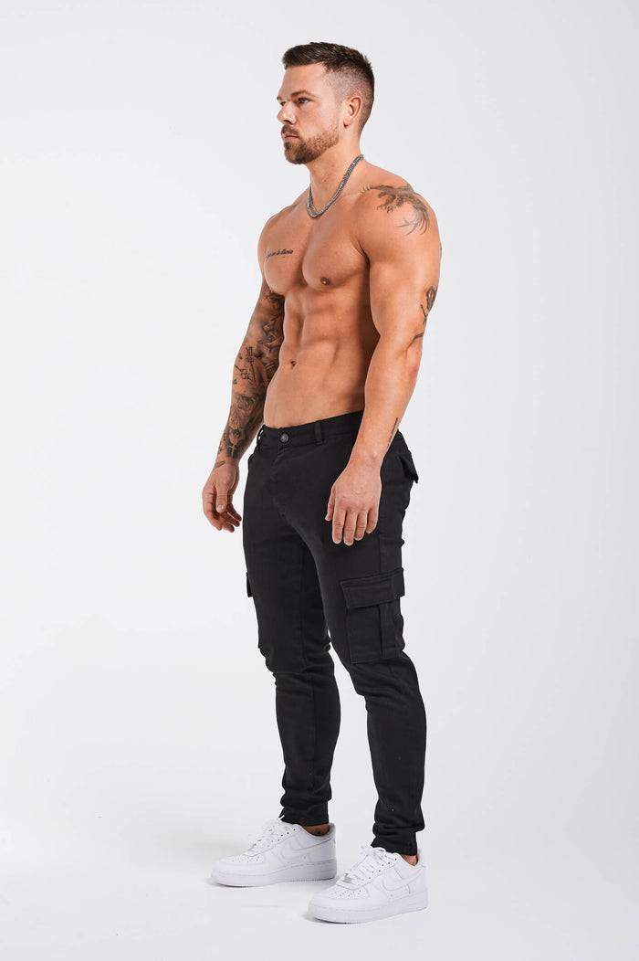 SLIM-FIT CARGO TROUSERS - BLACK