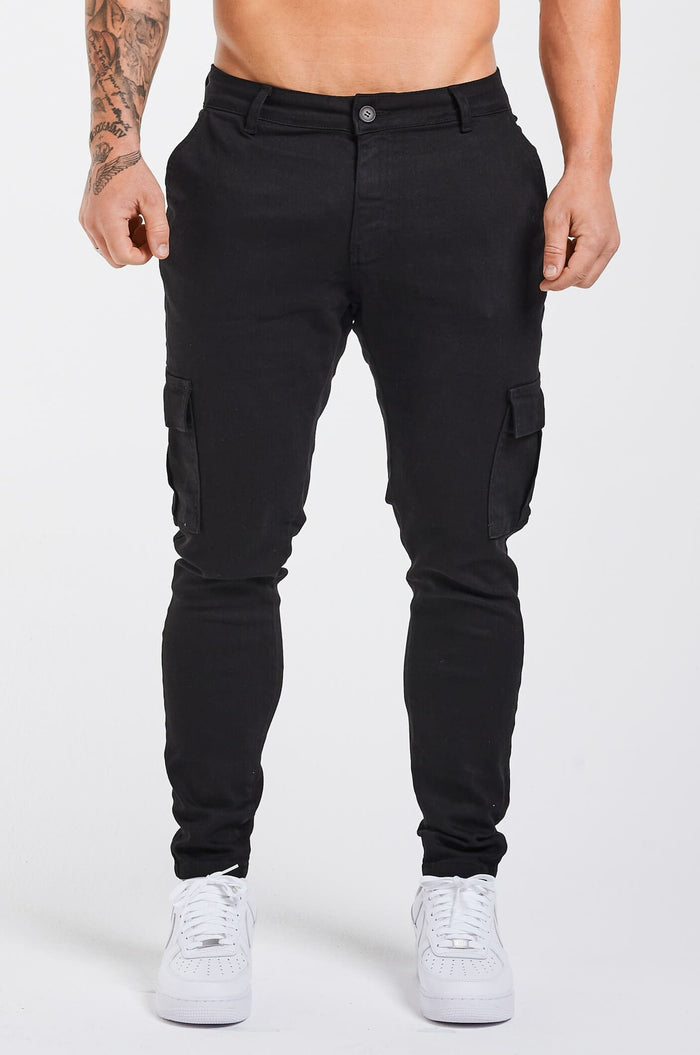 SLIM-FIT CARGO TROUSERS - BLACK