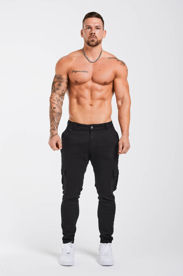 SLIM-FIT CARGO TROUSERS - BLACK