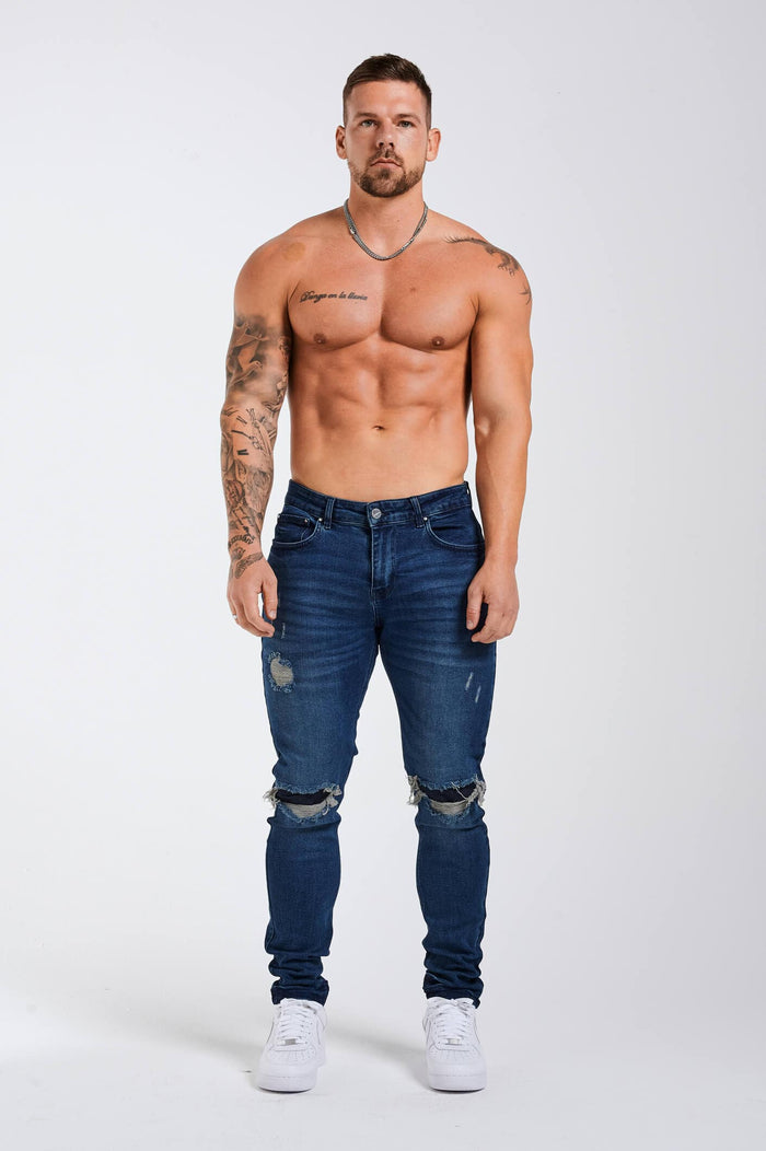 SLIM FIT JEANS 2.0 DISTRESSED AND PATCHED - DARK BLUE