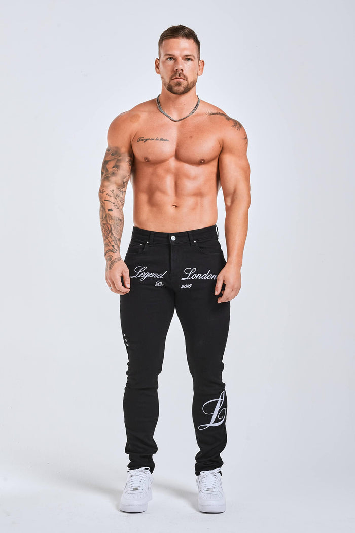 SLIM FIT JEANS 2.0 EMBROIDERED PRINTED DENIM - BLACK