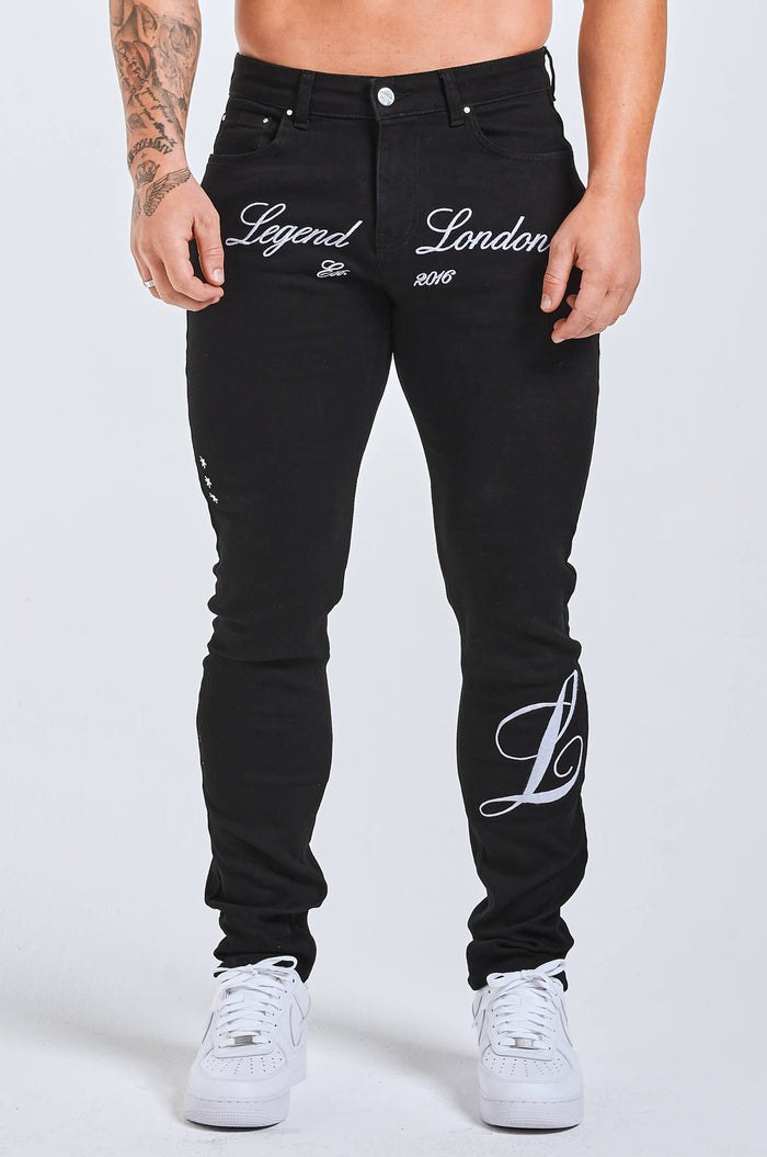 SLIM FIT JEANS 2.0 EMBROIDERED PRINTED DENIM - BLACK