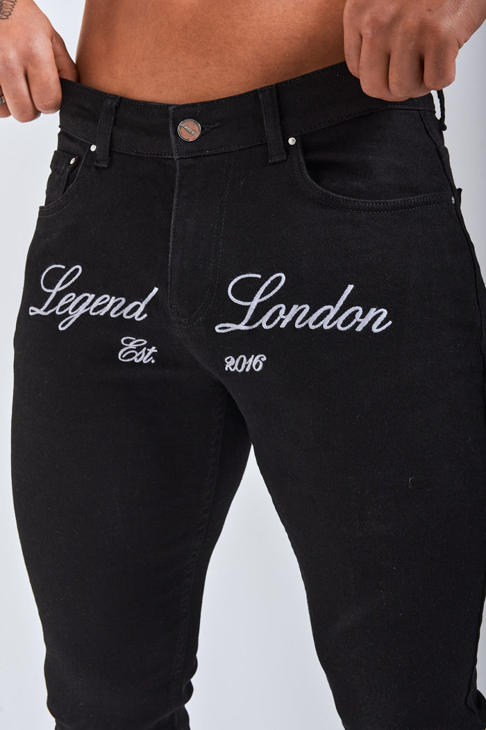 SLIM FIT JEANS 2.0 EMBROIDERED PRINTED DENIM - BLACK