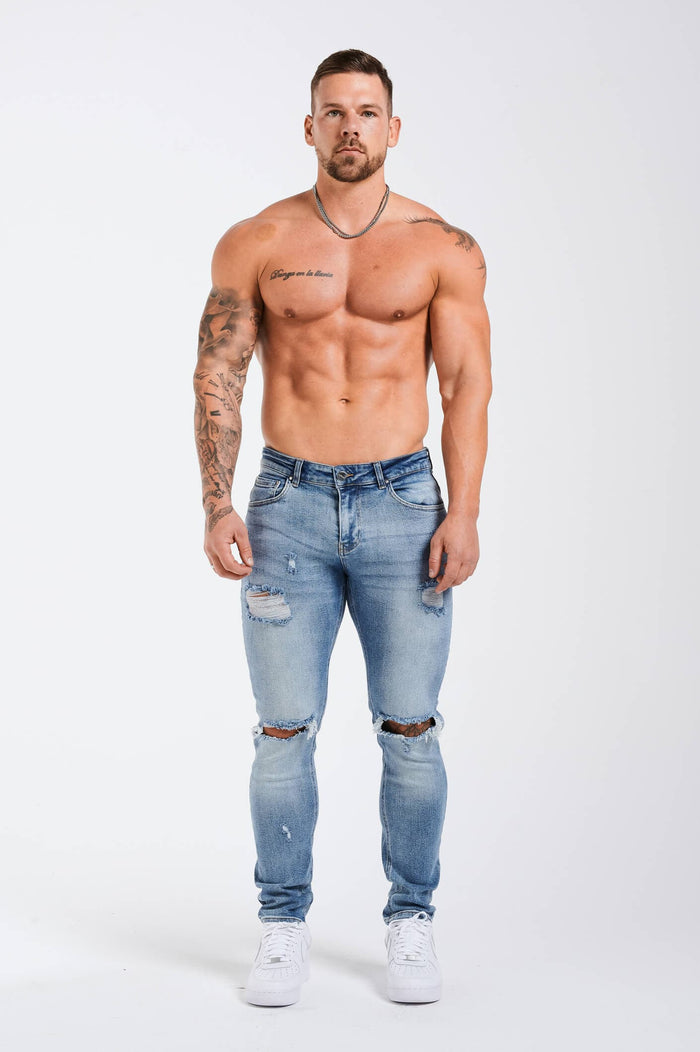 SLIM JEANS 2.0 GESCHEURD EN GEREPAREERD - MIDDENBLAUW