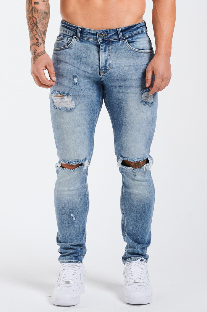 SLIM JEANS 2.0 GESCHEURD EN GEREPAREERD - MIDDENBLAUW