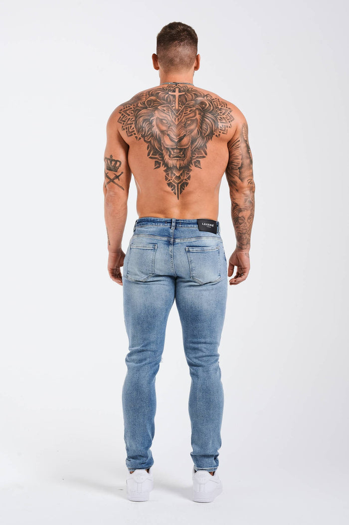 SLIM JEANS 2.0 GESCHEURD EN GEREPAREERD - MIDDENBLAUW