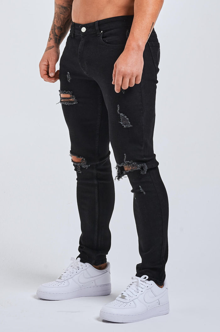 SLIM FIT JEANS 2.0 GESCHEURD & GEREPAREERD - ZWART