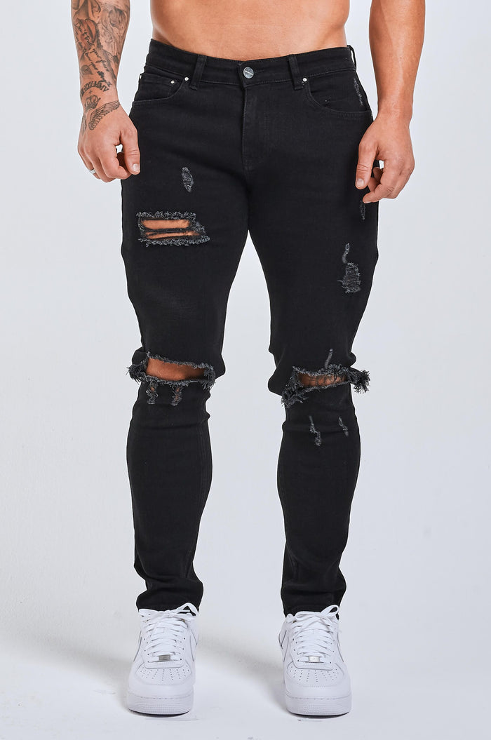 SLIM FIT JEANS 2.0 GESCHEURD & GEREPAREERD - ZWART