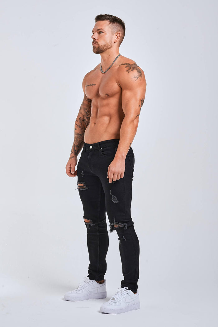 SLIM FIT JEANS 2.0 RIPPED & REPAIRED - BLACK