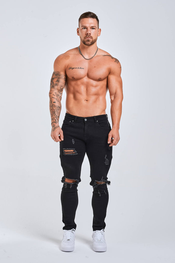 SLIM FIT JEANS 2.0 GESCHEURD & GEREPAREERD - ZWART