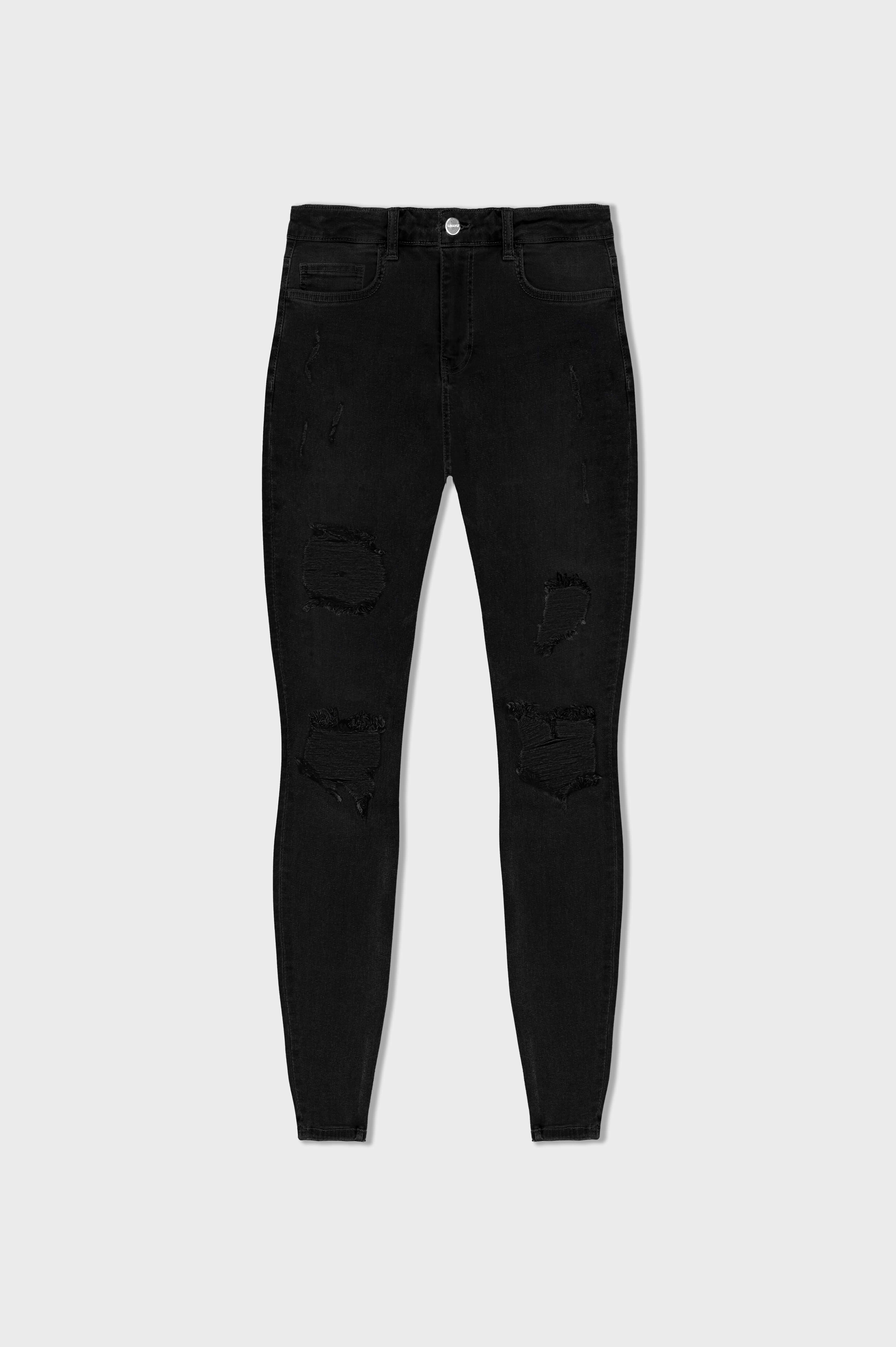 Black ripped store and repaired jeans