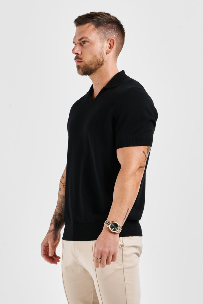 LEGEND OPEN COLLAR POLO SHIRT - BLACK