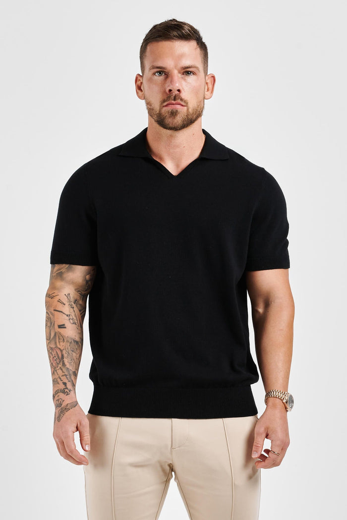 LEGEND OPEN COLLAR POLO SHIRT - BLACK