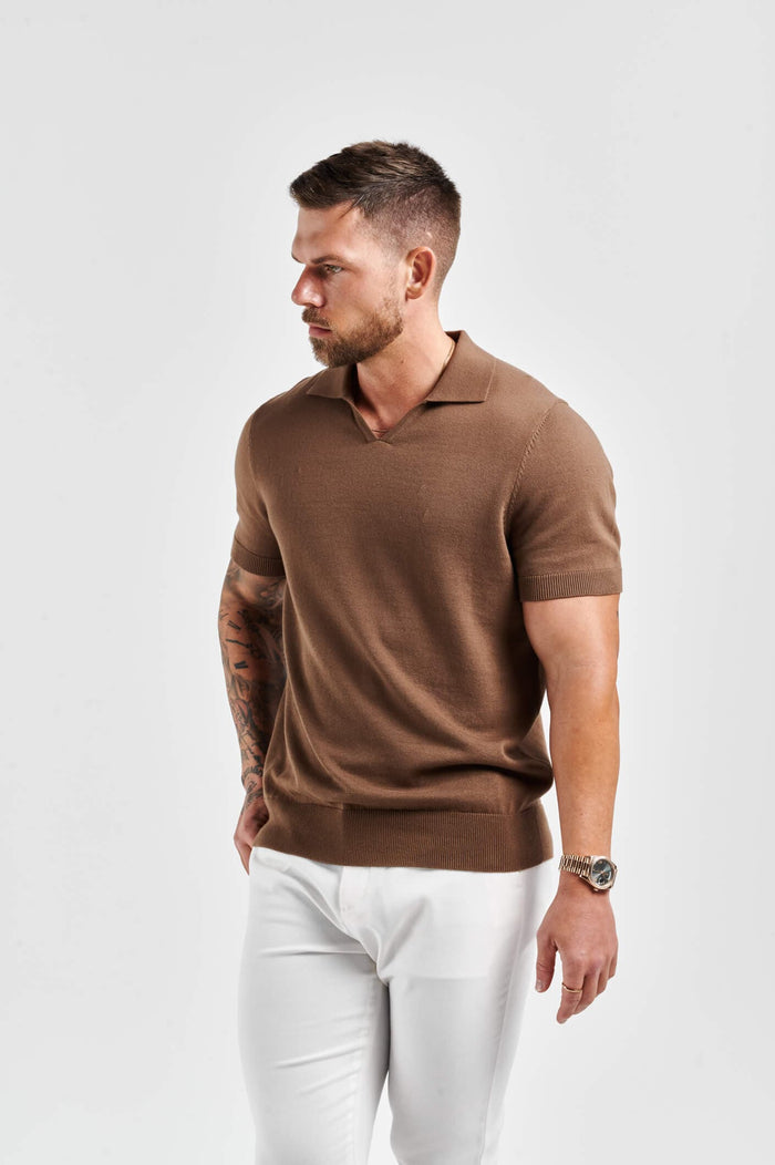 LEGEND OPEN COLLAR POLO SHIRT - BROWN