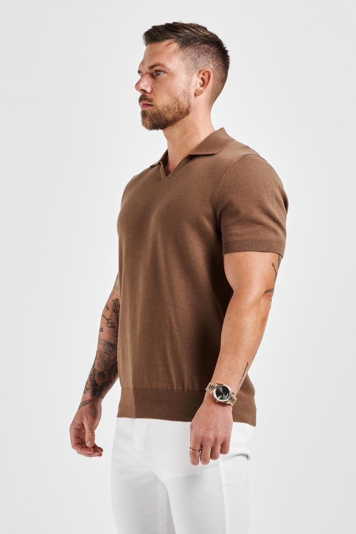 LEGEND OPEN COLLAR POLO SHIRT - BROWN