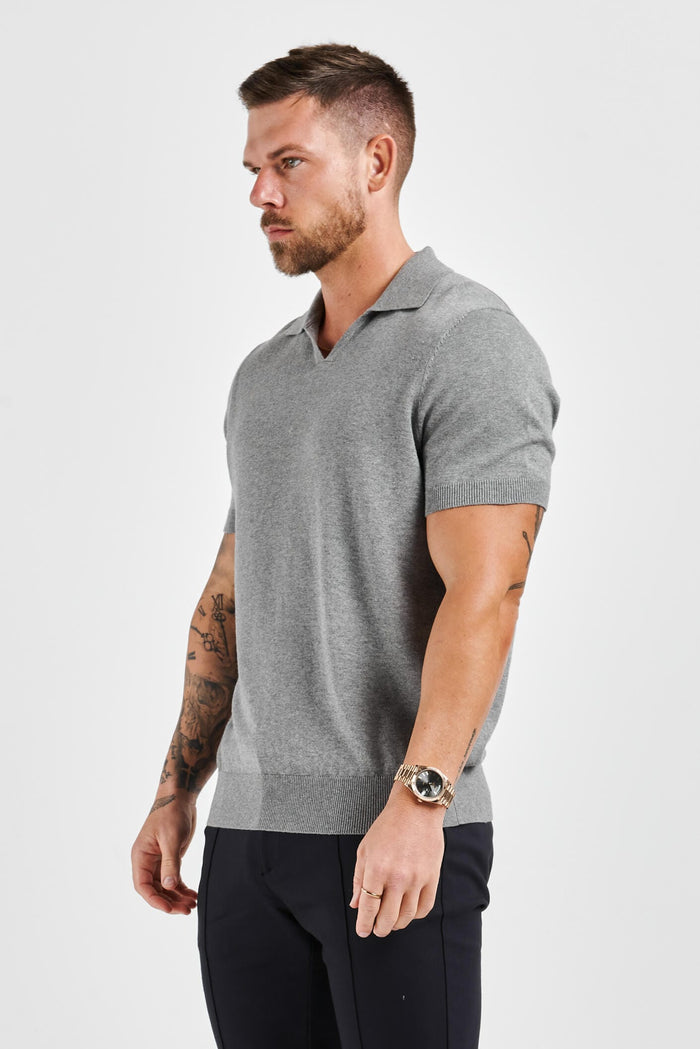 LEGEND OPEN COLLAR POLO SHIRT - GREY MARL