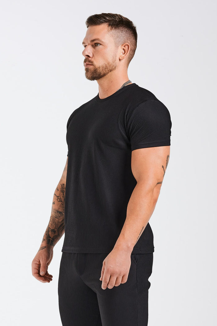 plissiertes T-Shirt – Schwarz