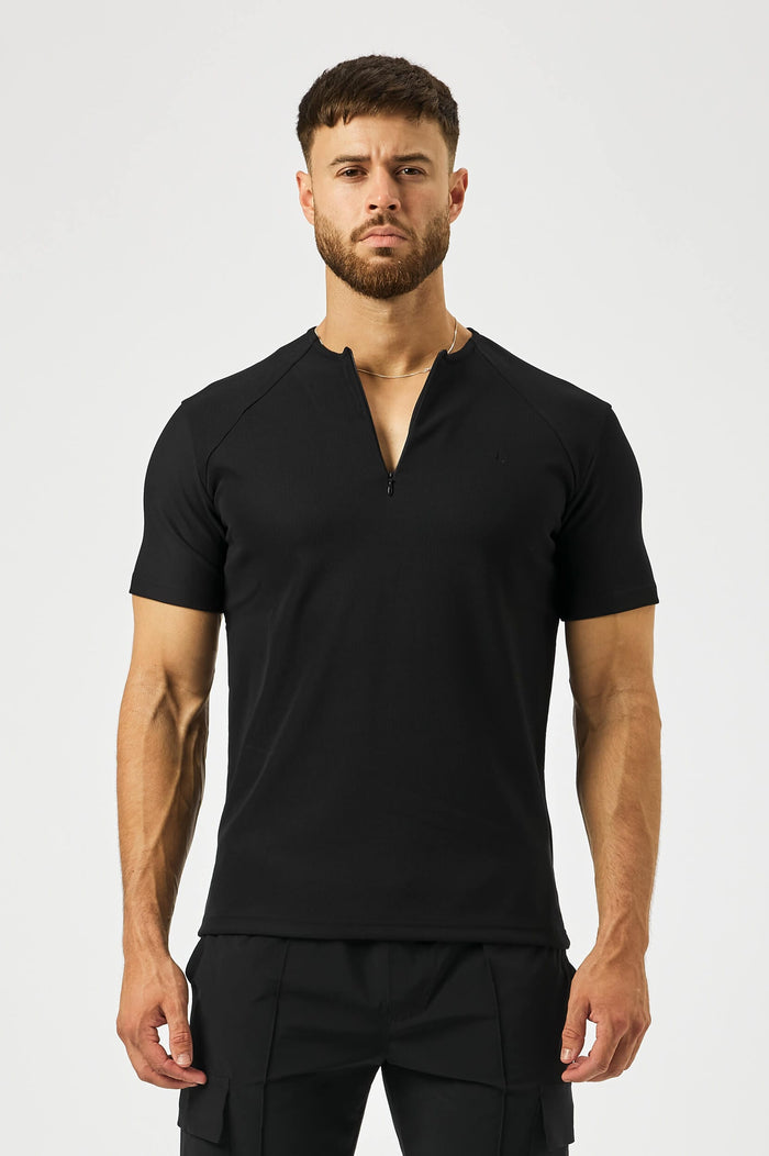 RIBBED HENLEY TOP - BLACK