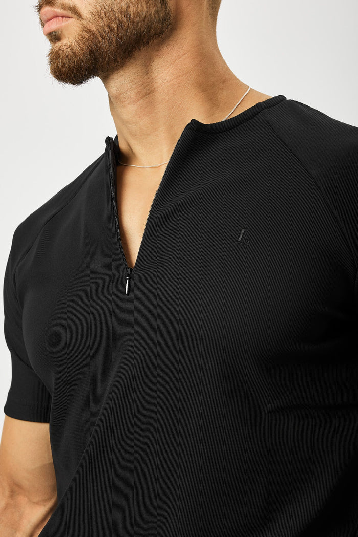 RIBBED HENLEY TOP - BLACK