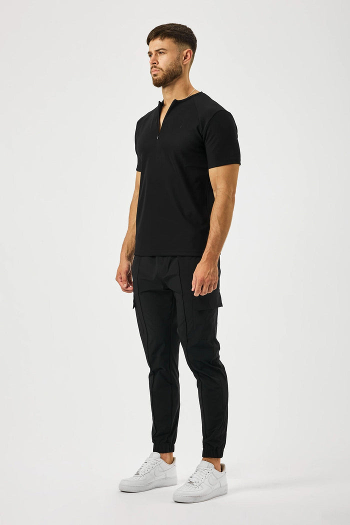 RIBBED HENLEY TOP - BLACK