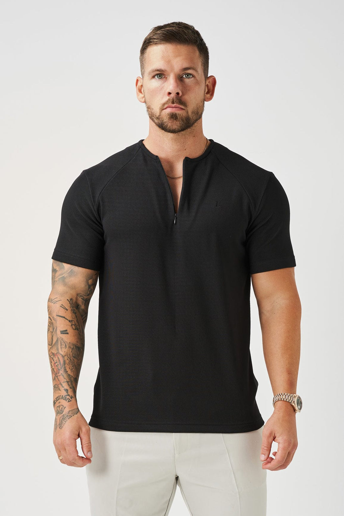 Legend London T-SHIRT RIBBED HENLEY TOP - BLACK