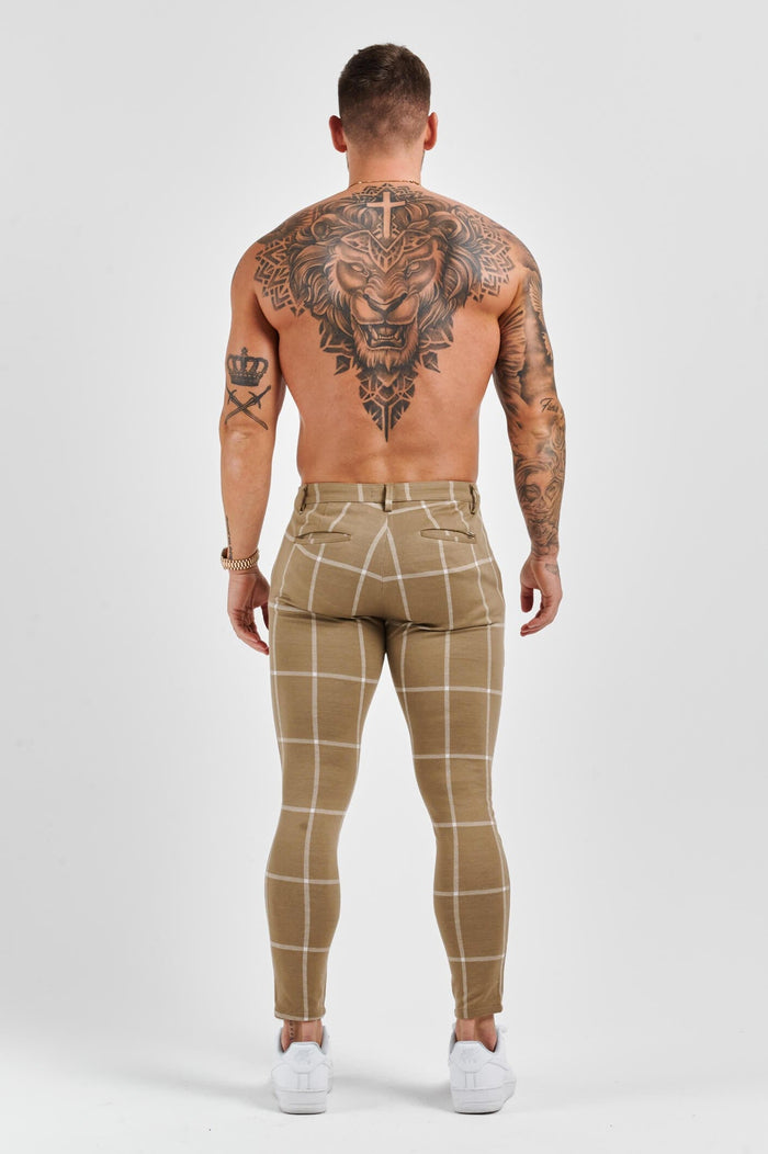 STRETCH TROUSER - SAND & WHITE LARGE GRID CHECK