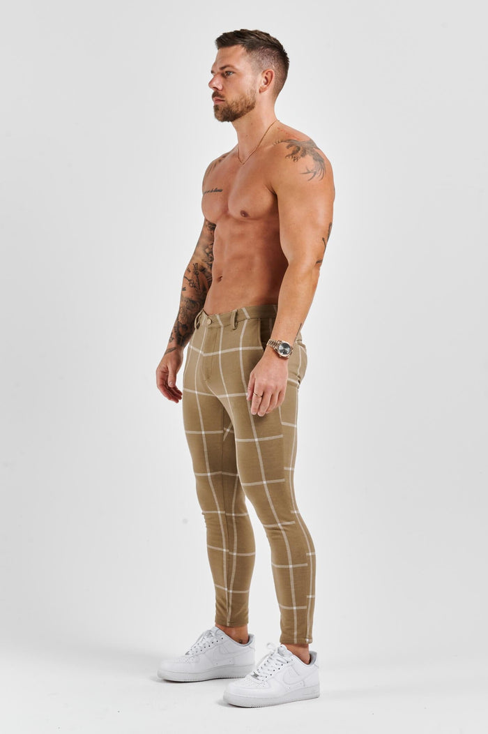 STRETCH TROUSER - SAND & WHITE LARGE GRID CHECK