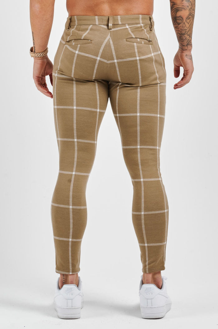 STRETCH TROUSER - SAND & WHITE LARGE GRID CHECK