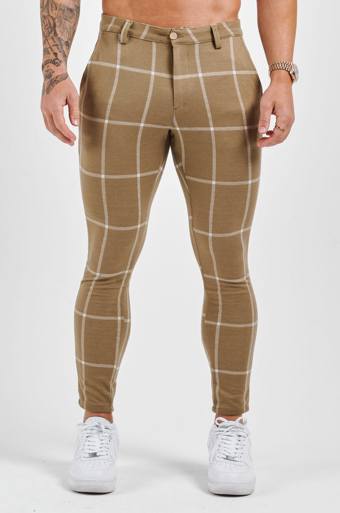 STRETCH TROUSER - SAND & WHITE LARGE GRID CHECK