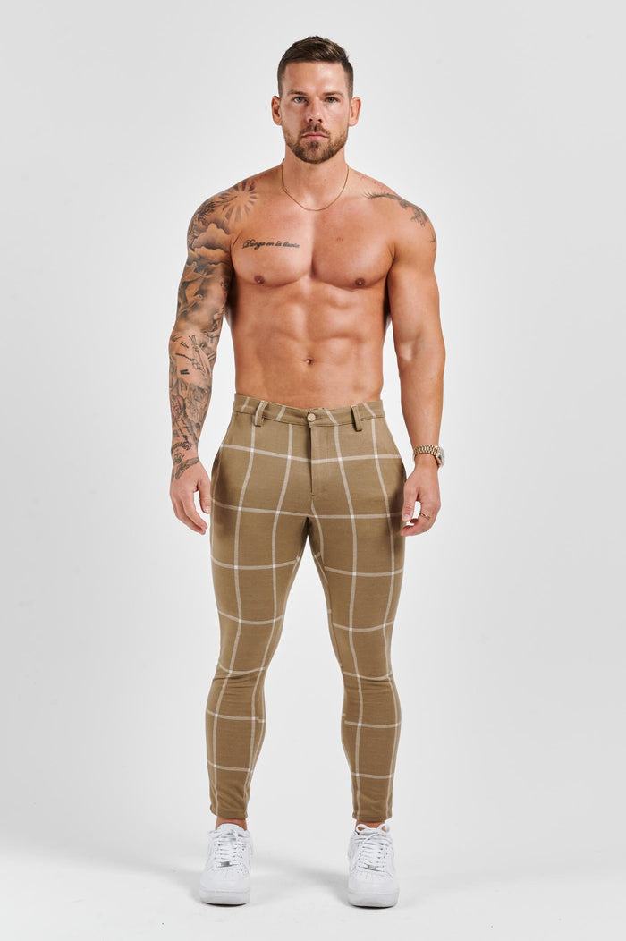 STRETCH TROUSER - SAND & WHITE LARGE GRID CHECK