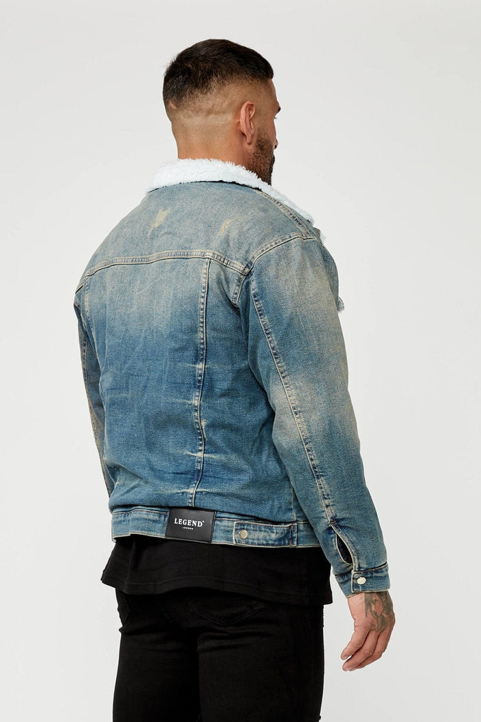 STONE WASHED DENIM JAS - Imitatiebont gevoerd