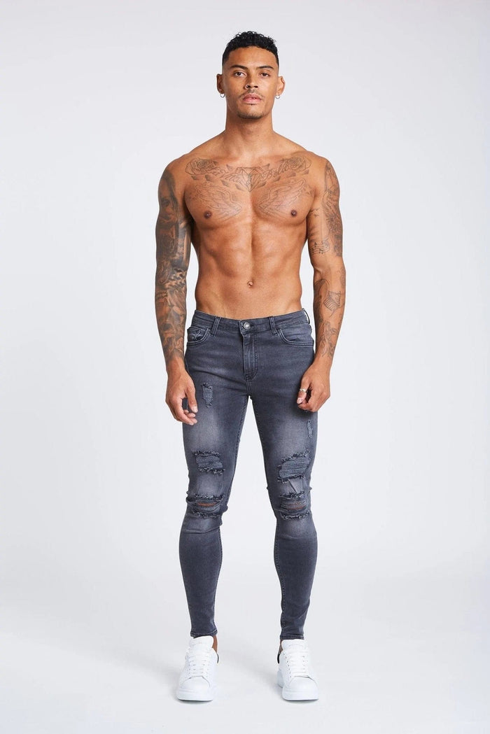 SKINNY FIT JEANS RIPPED & REPAIRED - LIGHT GREY