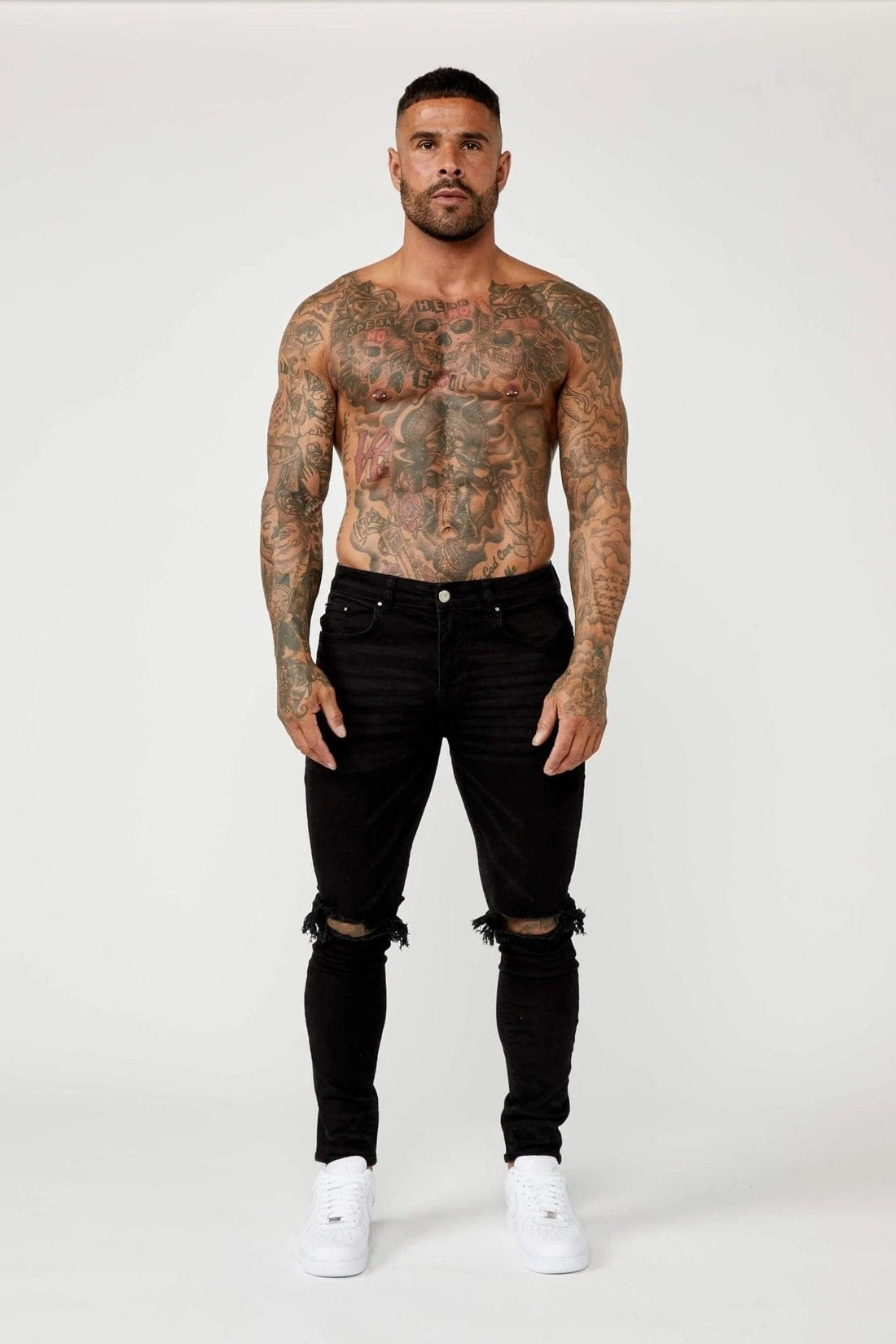 Legend London Jeans PREMIUM SKINNY FIT JEANS - BLACK DESTROYED KNEE