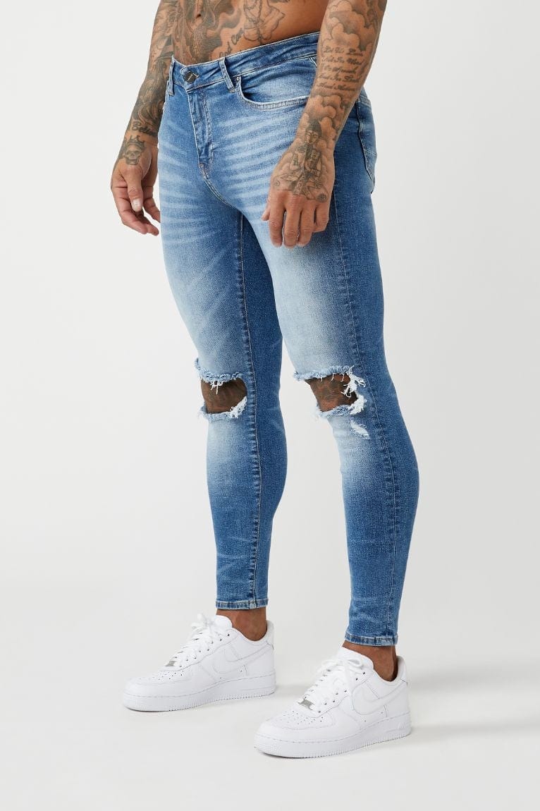 Legend London Jeans PREMIUM SPRAY-ON FIT - MID BLUE WASH DESTROYED KNEE