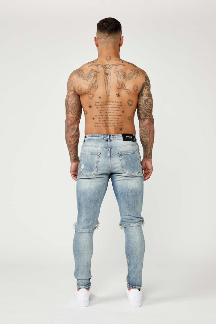 SKINNY FIT JEANS - MIDDENBLAUW GESCHEURD & GEREPAREERD