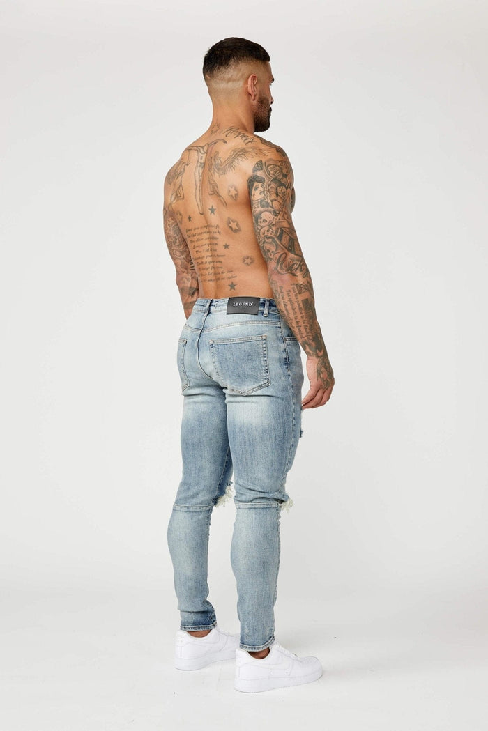 SKINNY FIT JEANS - MIDDENBLAUW GESCHEURD & GEREPAREERD