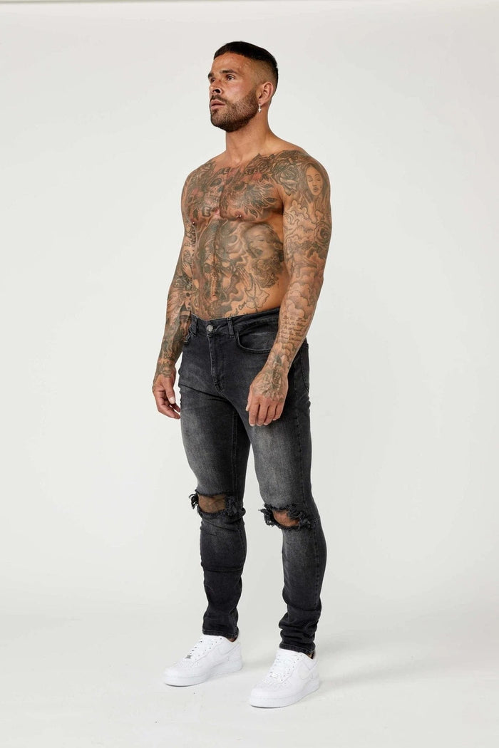 SLIM FIT JEANS - GRIJZE WASH VERNIETIGDE KNIE