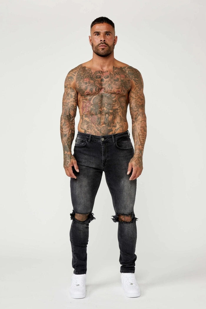 SLIM FIT JEANS - GRIJZE WASH VERNIETIGDE KNIE