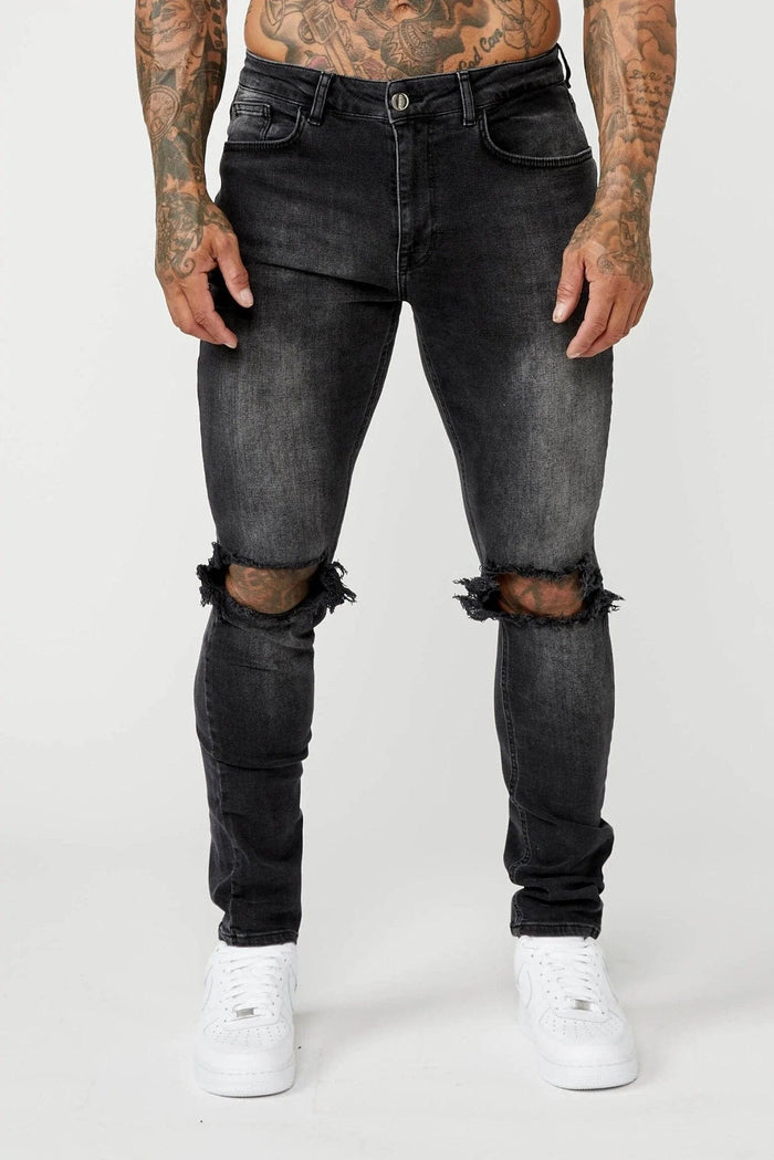 SLIM FIT JEANS - GRIJZE WASH VERNIETIGDE KNIE